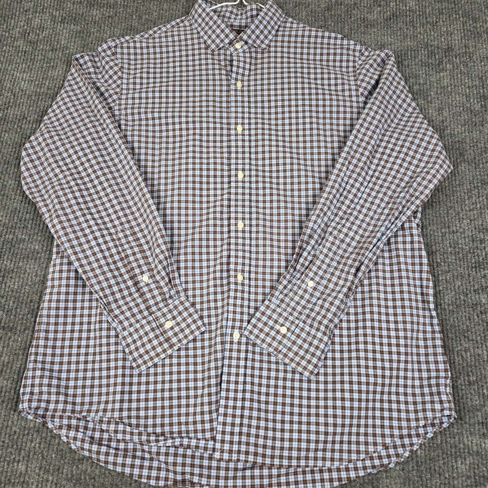 Polo Ralph Lauren Mens XXL Brown Blue Plaid Cotton Stretch Classic‎ Fit Shirt